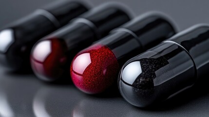 Obraz premium Close-up view of black medical capsules, one with a red interior