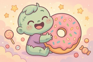 Adorable Baby Zombie Hugging a Giant Pink Donut with Sprinkles – Cute and Whimsical Cartoon Character in a Sweet Fantasy Scene
