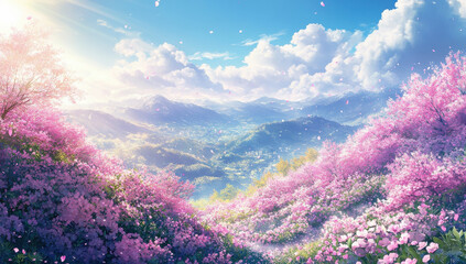 breathtaking landscape featuring vibrant pink cherry blossoms full bloom, set against backdrop of majestic mountains and clear blue sky. scene evokes sense of tranquility and beauty, inviting