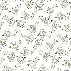 Seamless floral pattern with delicate wildflowers in green  silhouette on white  background. Elegant botanical design for fabric, wallpaper, or wrapping paper