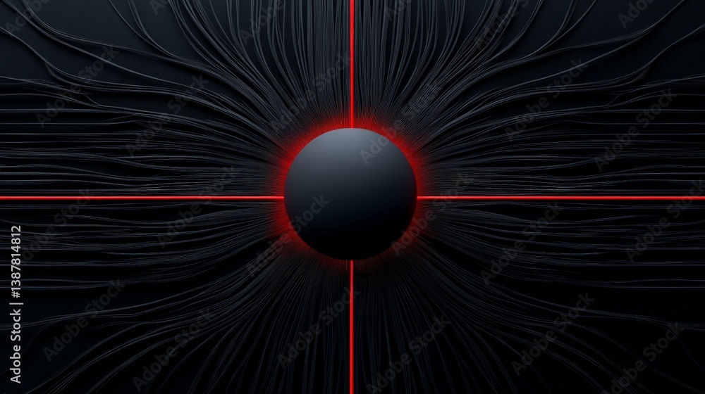 Poster dark abstract background with red lines and central sphere design