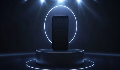 sleek mobile phone is showcased on circular pedestal, illuminated by soft blue lights in dark environment, creating modern and high tech atmosphere