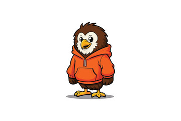 Cozy eagle in Orange Hoodie: Cartoon Bird with Detailed Feathers, Standing Adorably on White, Vector Illustration with Warm Apparel.