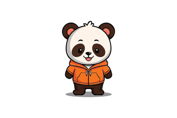 Fototapeta premium Cozy Panda in Hoodie: Adorable Cartoon Character with Big Eyes, Standing Comfortably on White Background, Simple Vector Illustration Design.