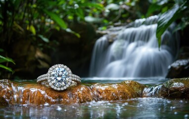 A beautiful diamond ring rests near a cascading waterfall