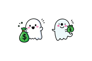Obraz premium Ghostly Fortune Duo: Cute Cartoon Spirits Holding Money Bags, Whimsical Vector Illustration with Sparkles, Isolated on White Background.
