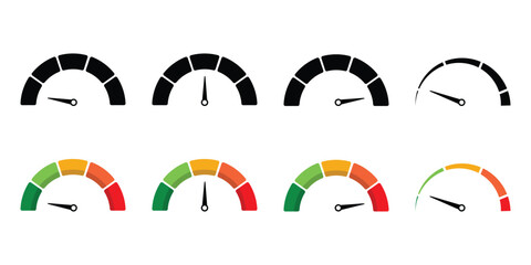 Speedometer icon set. Set of gauges from low to high. Risk meter icon set. Risk concept on speedometer. Set of gauges from low to high.