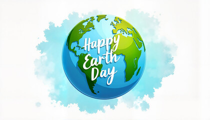 Naklejka premium Colorful Earth globe with “Happy Earth Day” message in modern font amidst a watercolor splash background, eco-friendly concept.