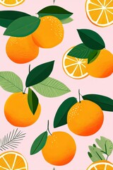 Seamless pattern of oranges with leaves on pink background