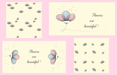 Set of two cards and two seamless patterns with abstract flowers in line style