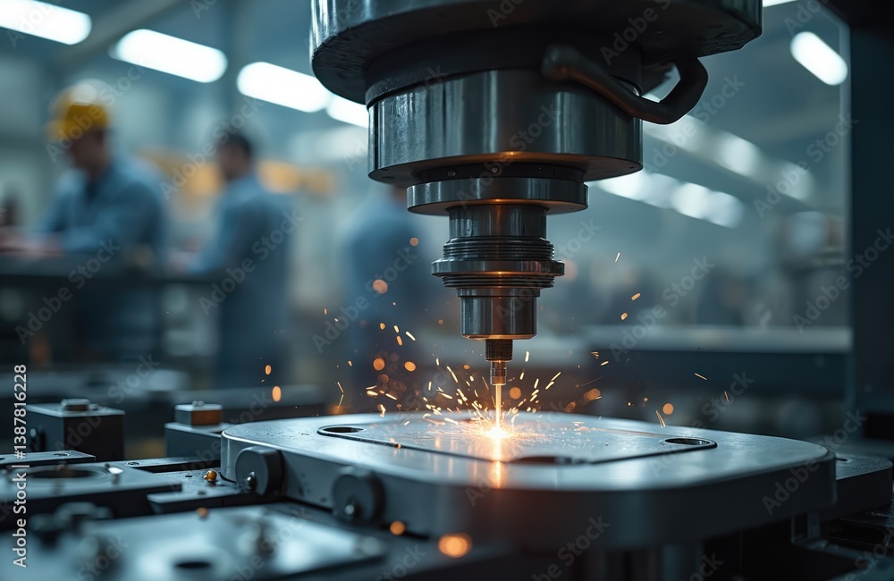 Poster CNC milling machine in action, crafting metal parts with sparks in factory workshop. Engineers working in background. Modern tech, automation of production, machine-building. Precision manufacturing.