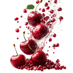 Sparkling Cherries and Pomegranate Seeds Falling Into Water Isolated on Transparent Background
