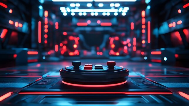 3d illustration rendering of joystick button controller floating for gamer technology futuristic cyberpunk display gaming scifi stage pedestal background