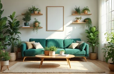 Cozy living room with green sofa and coffee table. Interior design with house plants, wooden shelves, large windows. Home decor, stylish apartment with natural light. Modern comfortable living space.