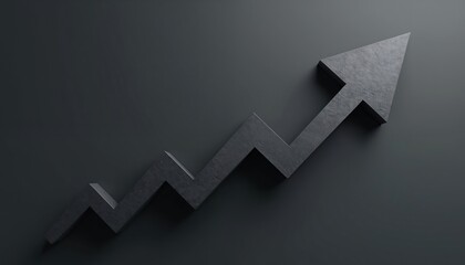 Dark grey zigzag arrow points upwards on dark background. Symbolizes growth progress success. Business finance development concept. Trend chart, market growth. Investment increase graph diagram.