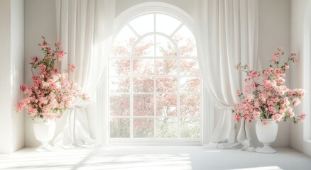An elegant room showcases pink flowers by a bright arched window
