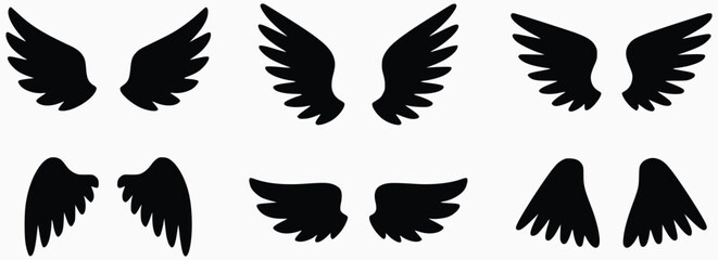 Different Black Angel Wings Vector Silhouette Illustration On White Background