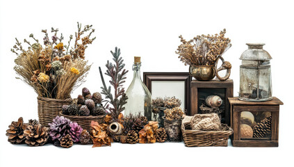 Fototapeta premium beautiful arrangement of dried flowers, pinecones, and rustic decor items creates warm, inviting atmosphere. This collection features various containers, including woven baskets and glass jars
