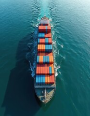 Aerial view container ship sailing through blue ocean. Cargo ship carries goods, materials, supplies from port. Maritime transportation, international trade, export import business.