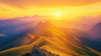 Vibrant golden sun rising above mountain peaks. Ideal for travel, nature, freedom, and scenic visuals.