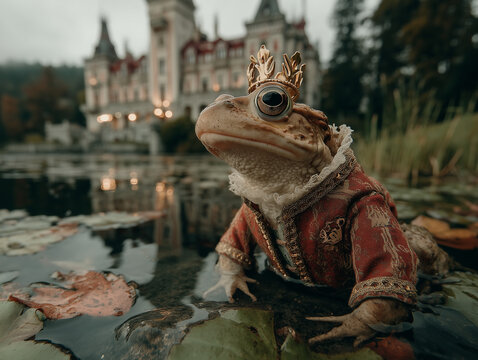 frog in the water in front of his castle