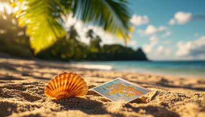beautiful summer scene featuring seashell and map on sandy beach