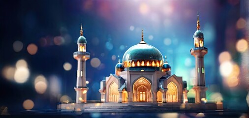 Obraz premium green mosque model with blurred mosque background