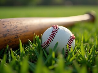 Baseball and bat on green grass. Sports equipment close-up, perfect for baseball, sports, and outdoor activity themes.