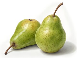 Fresh ripe pears on a white background with two juicy green and yellow pears, showcasing healthy and organic fruit
