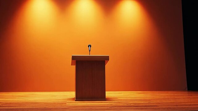 Podium Under Spotlight: A solitary podium stands center stage, illuminated by focused spotlights. This minimalist composition conveys anticipation, leadership, and the power of communication. 