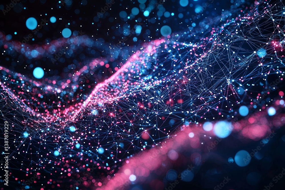 Poster abstract digital background with bright glowing particles and connections creating a vibrant seamles