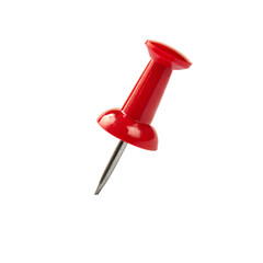 A close-up of a single bright red push pin with a metallic needle, isolated on a white background