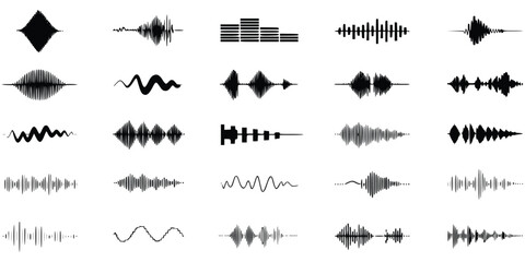 Fototapeta premium Collection Of Black And White Waveforms Depicting Audio Signals And Frequencies