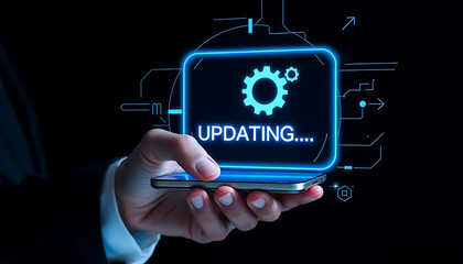 Businessman Holding Smartphone with Updating Process on Screen