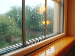 Rainy window view, home interior