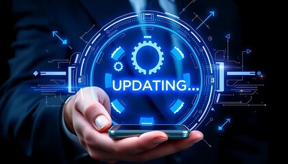 Smartphone Update Interface Displayed with Futuristic Digital Elements