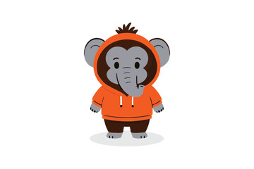Adorable Cartoon Elephant Character in Orange Hoodie: Playful Animal Illustration for Children's Products and Engaging Graphic Designs