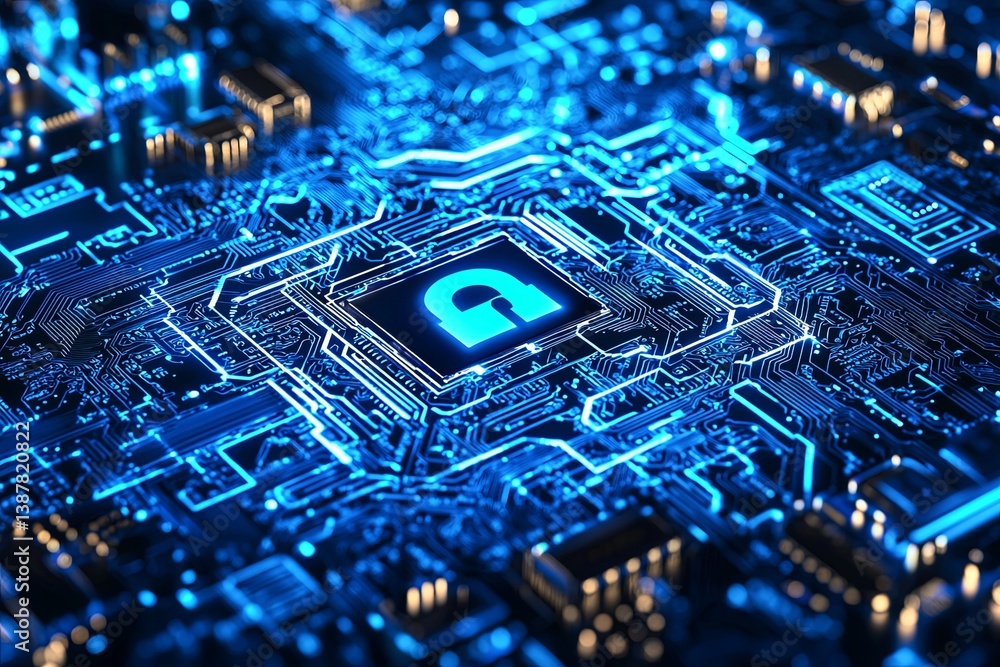 Poster high-tech digital circuit board with blue light and open lock symbol representing cybersecurity and 