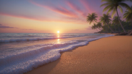 Obraz premium A breathtaking sunset paints the sky over a serene tropical beach with gentle waves.