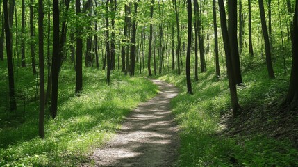 Fototapeta premium Man Hiking Through Lush Green Forest Trail on a Bright Day