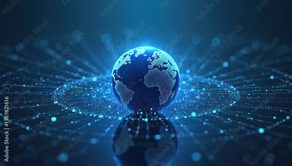 Aufkleber Blue globe connected network lines represent global networking digital technology. Earth planet surrounded by lines, dots symbolizing cyberspace. Concept of worldwide communication business connect.