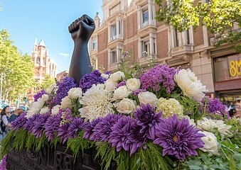 Raised fist monument, flowers, city street