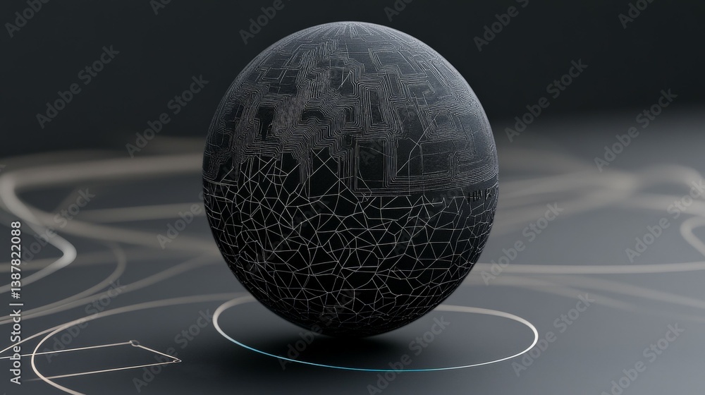 Poster abstract 3d sphere with geometric lines on dark background