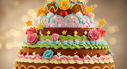 Decorated Birthday Cake with Colorful Frosting and Roses, perfect for Celebration