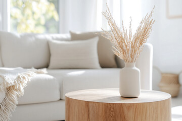 Beautifully staged Scandinavian style living room interior. Modern bright apartment with sleek furniture, natural decorations