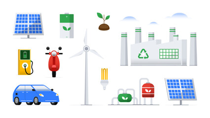 Sustainable Energy Icon Set. Renewable Energy, Green Power, Ecology, Solar, Wind, Eco Electricity Vector Illustration Collection.