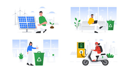 Eco-Friendly Business Illustration Set. People Using Green Energy, Sustainable Solutions, Clean Technology. Vector illustration.