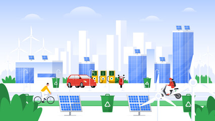 Smart City with Renewable Energy Vector Illustration. Eco-Friendly Urban Infrastructure, Solar and Wind Power, Green Technology Concept.