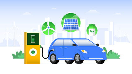 Electric Vehicle Charging Station Vector Illustration. EV Charger, Eco-Friendly Transport, Renewable Energy Concept.