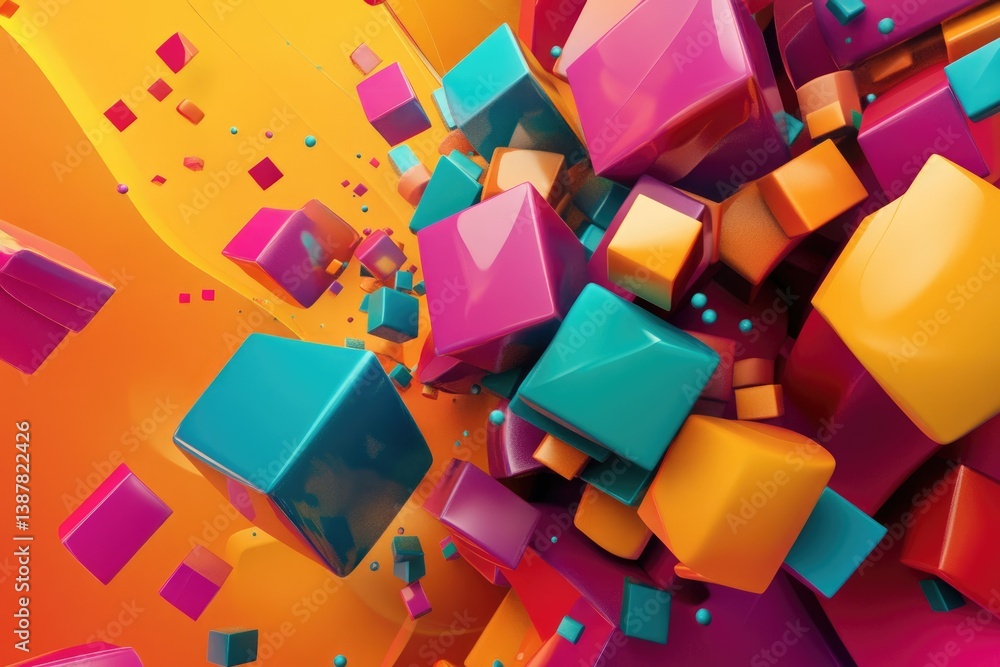 Poster vibrant, glossy cubes in various colors explode against an orange backdrop, creating a dynamic, abst
